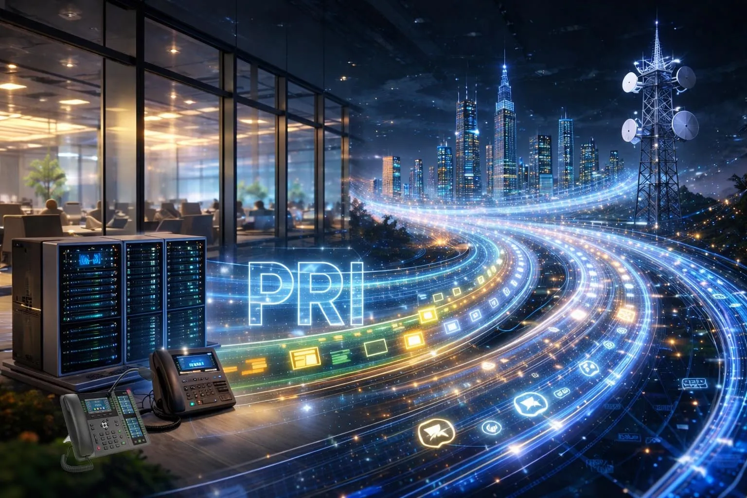 واجهة المعدل الأساسي تربط نظام PBX المؤسسي بشبكة مزود الخدمة عبر جذر رقمي يضم عدة قنوات صوتية وقناة إشارات مخصصة