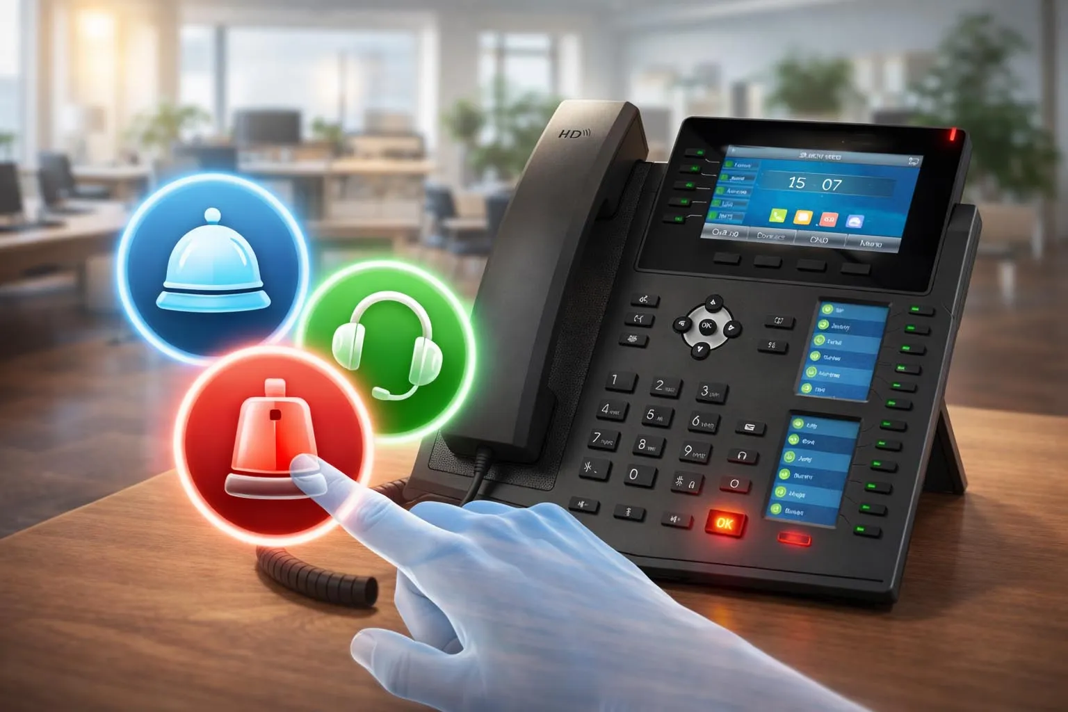 مفاتيح هاتف قابلة للبرمجة تُستخدم للاتصال السريع والخط الساخن والإعلان والوصول السريع للخدمة في نظام اتصال مؤسسي