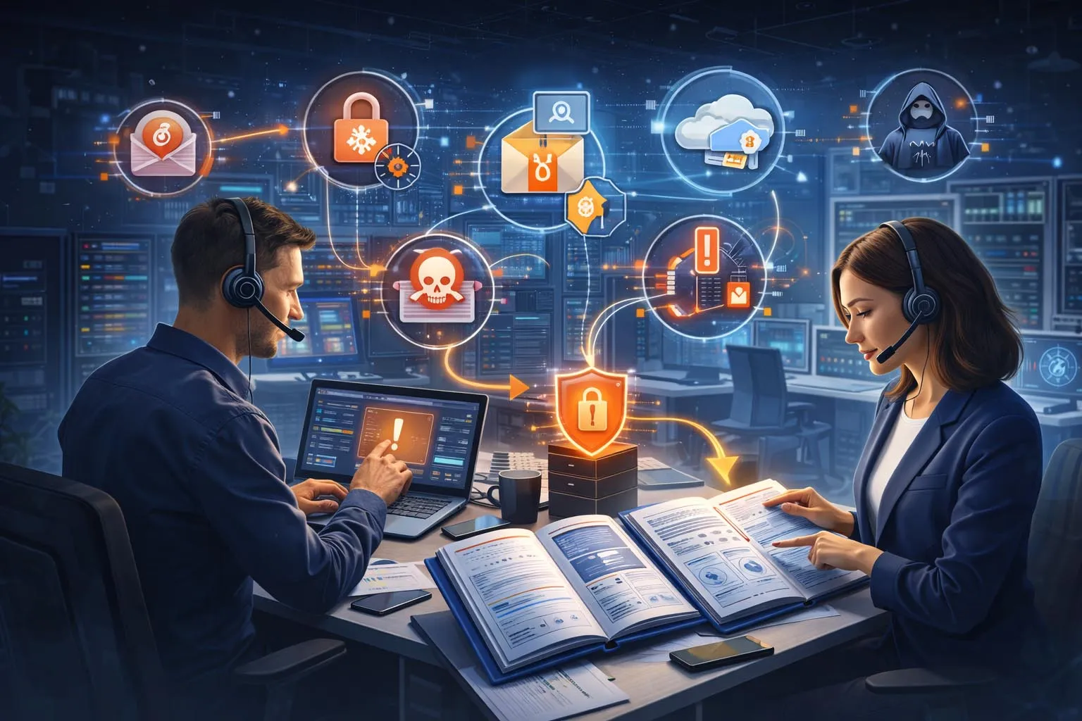 بنية استجابة للحوادث في المؤسسة تربط نقاط النهاية والجدران النارية وأنظمة الهوية وأحمال عمل السحابة والمراقبة الأمنية وعناصر التحكم في التعافي المنسق