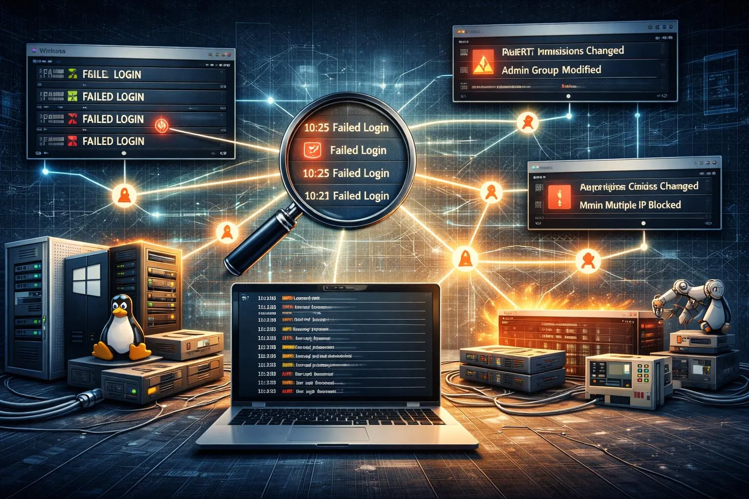 فرق الأمن والعمليات تراجع سجلات الأحداث المرتبطة من الخوادم ونقاط النهاية وجدران الحماية والتطبيقات لتحديد حالات الفشل والشذوذ والسلوك المشبوه
