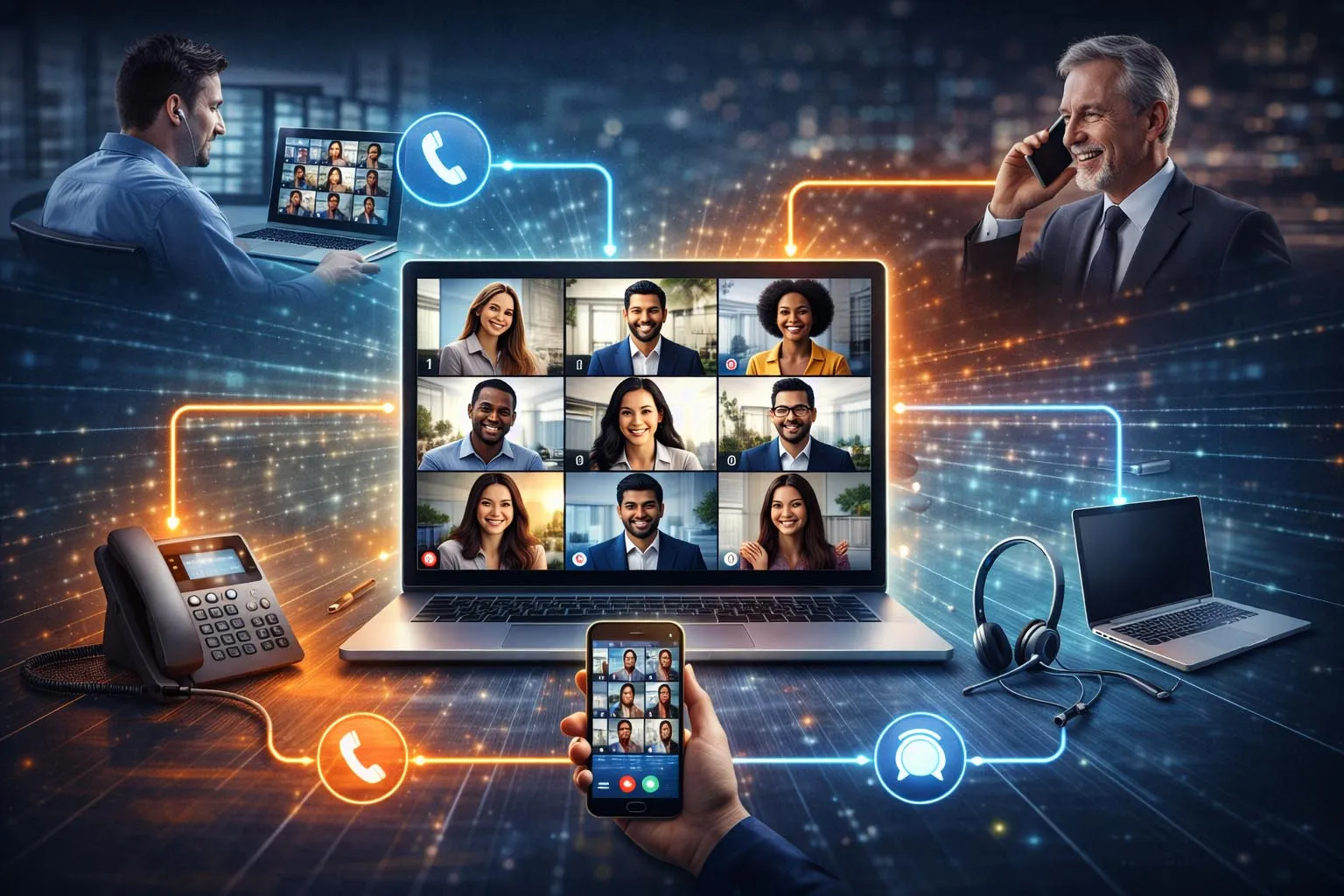 سير عمل المكالمات المؤتمراتية يظهر مشاركين متعددين ينضمون إلى نفس الجلسة المشتركة من خلال أجهزة الهاتف المكتبي والعملاء البرمجيين وأرقام الاتصال الداخلي