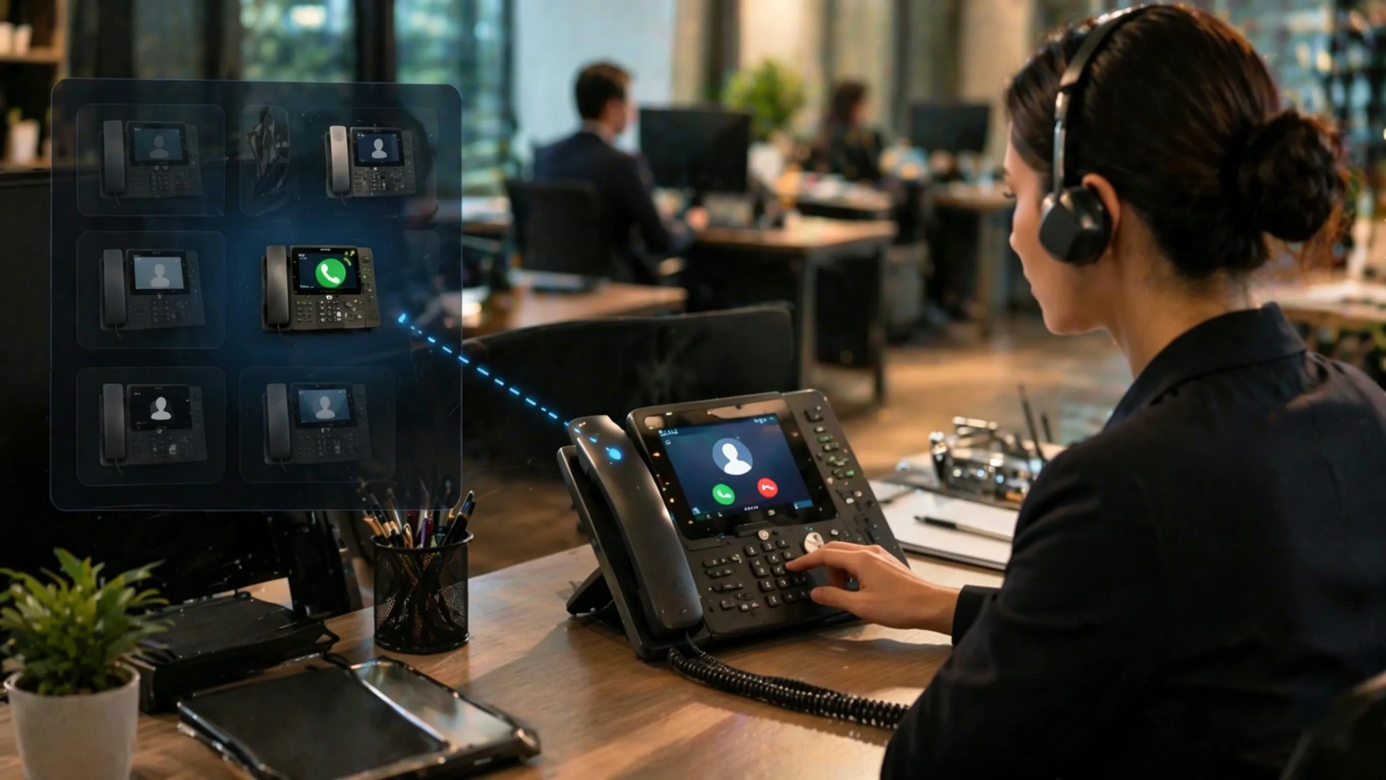 سير عمل استلام المكالمة يُظهر رقم فرعي يرن، ومستخدم مُفوض آخر ينشط الاستلام، ومحول الهاتف الخاص يعيد توجيه المكالمة إلى الهاتف المجيب