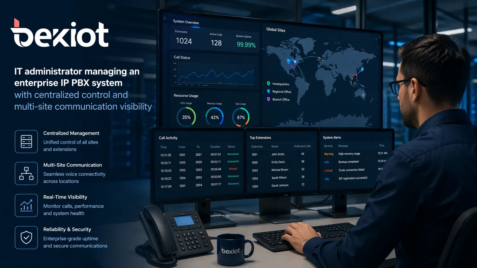 مسؤول تكنولوجيا المعلومات يدير نظام IP PBX للمؤسسات مع تحكم مركزي ورؤية اتصالات متعددة المواقع