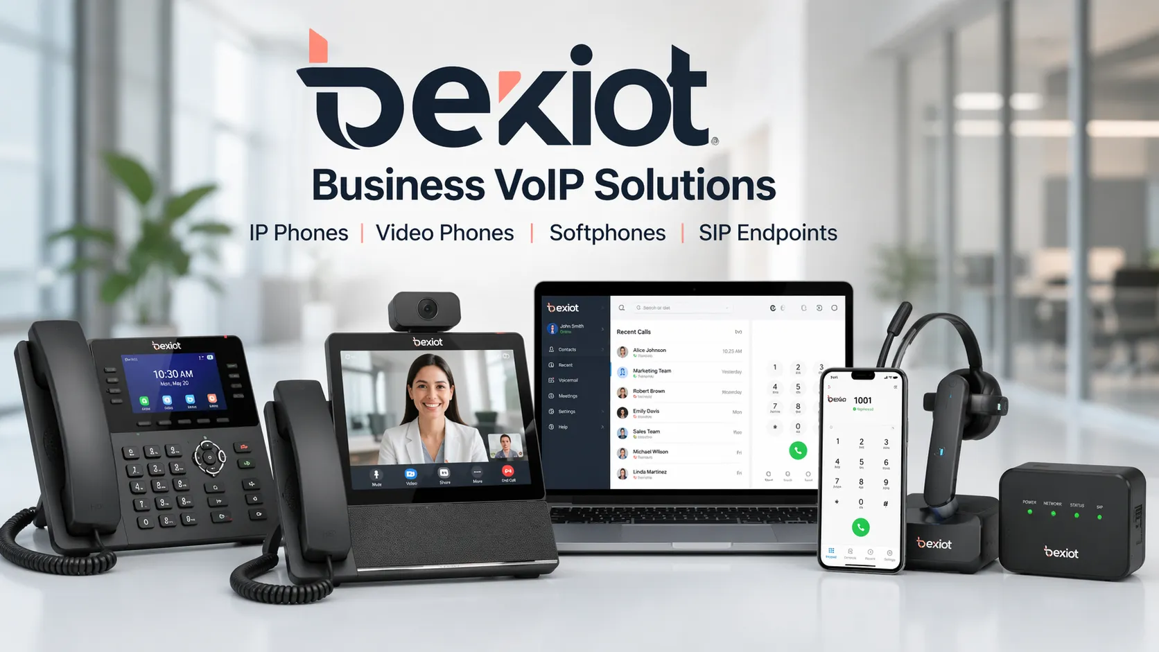 أجهزة VoIP التجارية بما في ذلك هواتف IP مكتبية وهواتف فيديو وهواتف برمجية ونهايات اتصال SIP