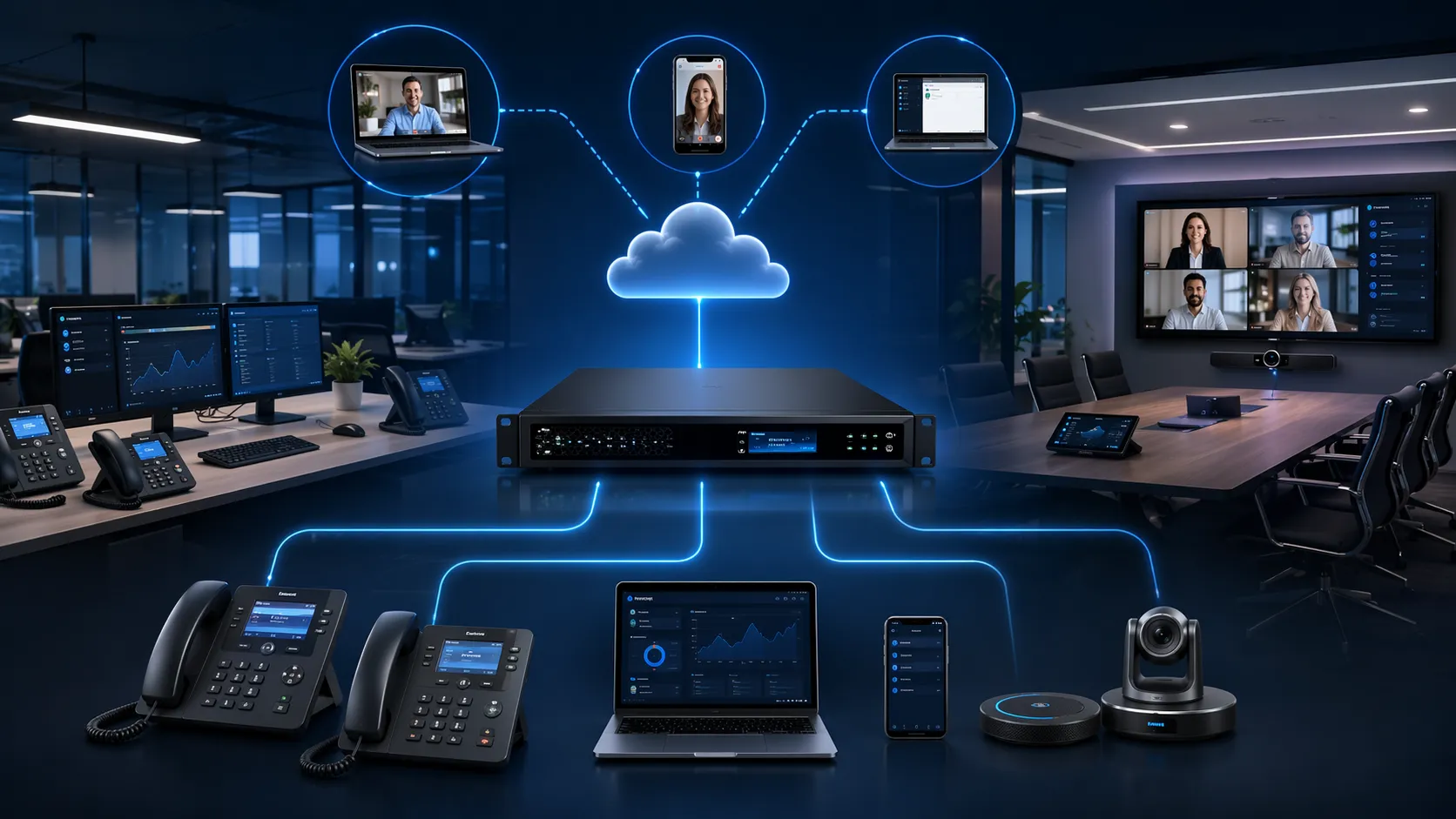 نظام IP PBX المدمج من Grandstream يدعم هواتف المكاتب ونقاط نهاية الفيديو والمستخدمين عن بعد عبر شبكة الأعمال