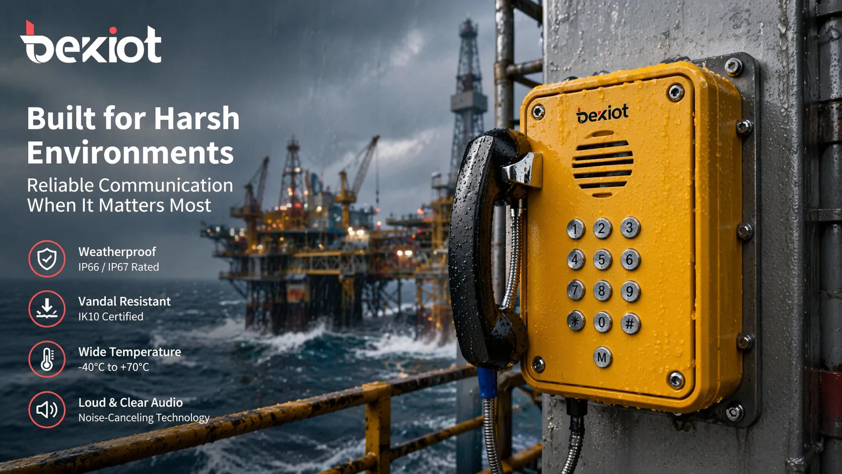 هاتف صناعي مثبت في منشأة خارجية قاسية حيث تكون الموثوقية، ومقاومة الطقس، والاتصالات الواضحة ضرورية
