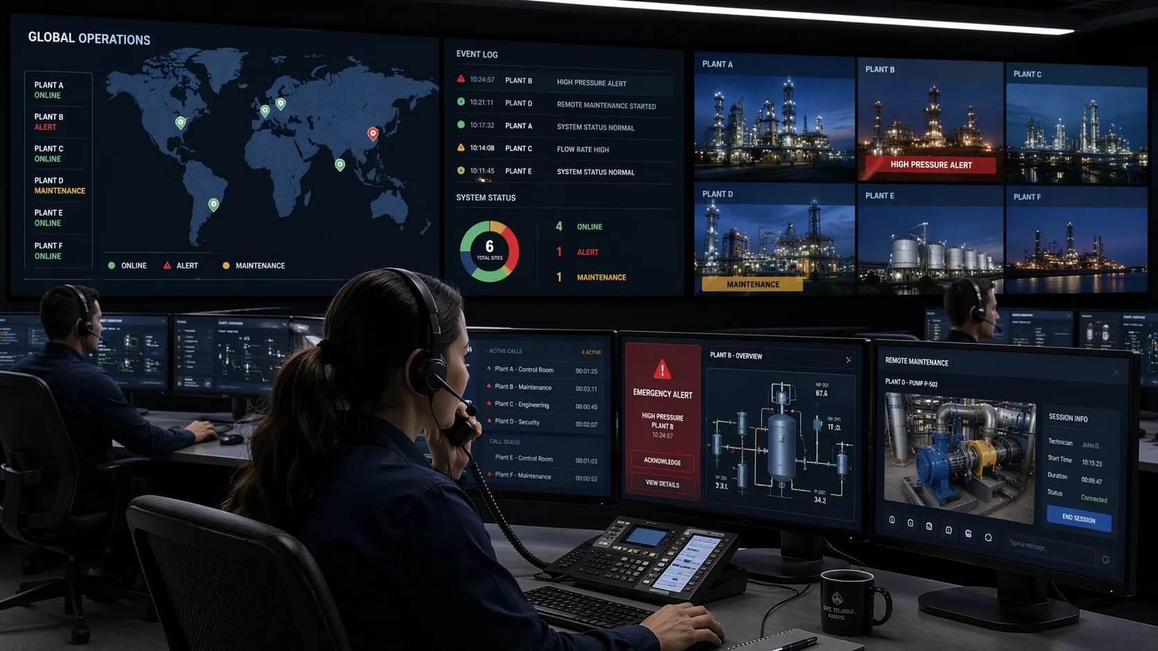 موظفو غرفة التحكم يديرون مكالمات الهواتف الصناعية، والأحداث الطارئة، والصيانة عن بعد عبر مواقع منشأة متعددة