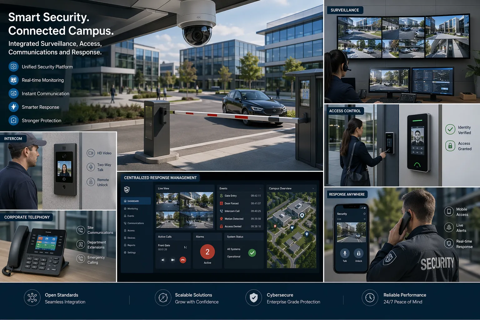 مشغل يتحدث عبر وحدة تحكم توجيه أثناء مراجعة فيديو المراقبة وتنسيق الاستجابة الميدانية