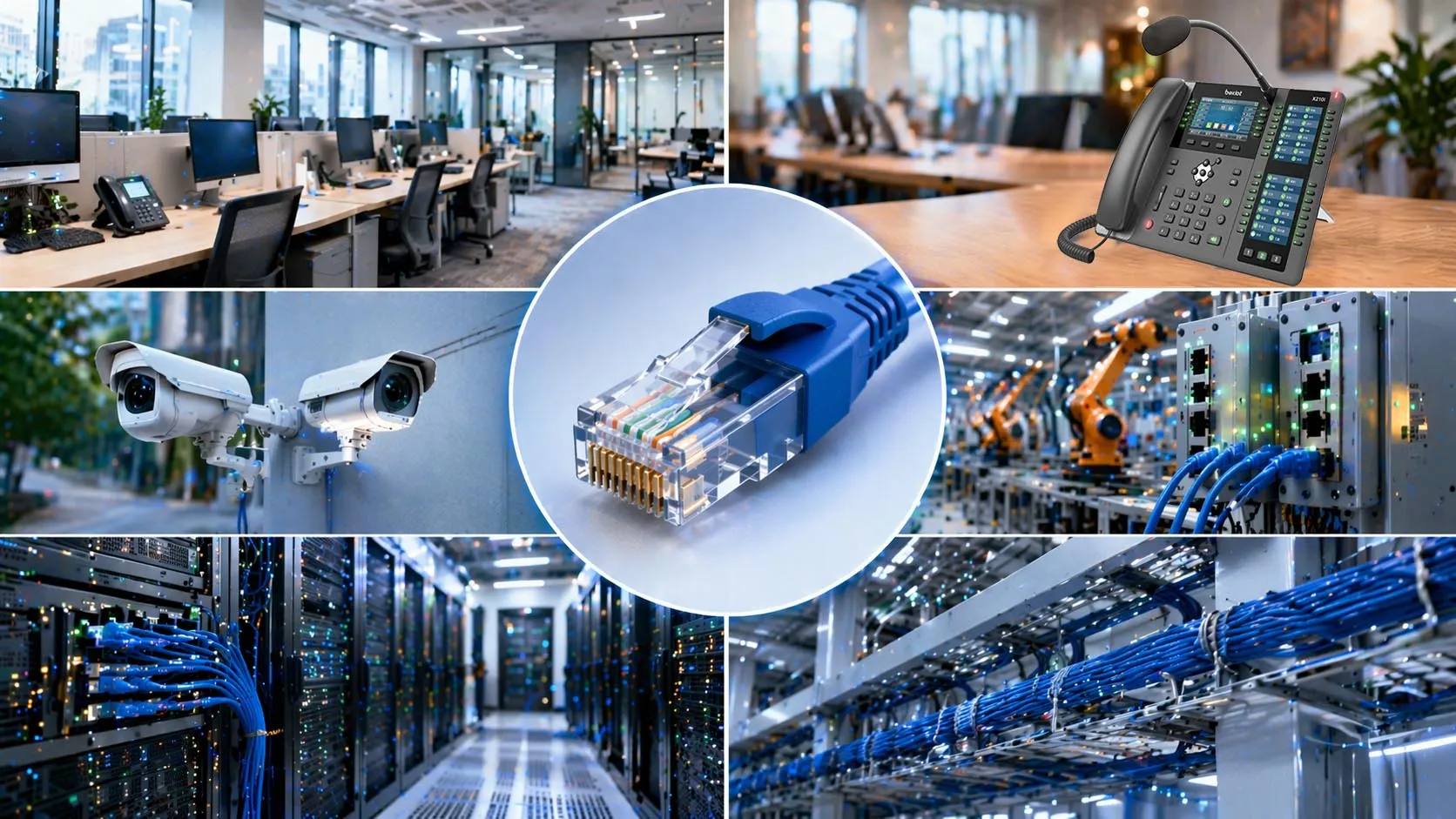 كابل إيثرنت مع موصل RJ45 متصل بمعدات شبكات المكاتب