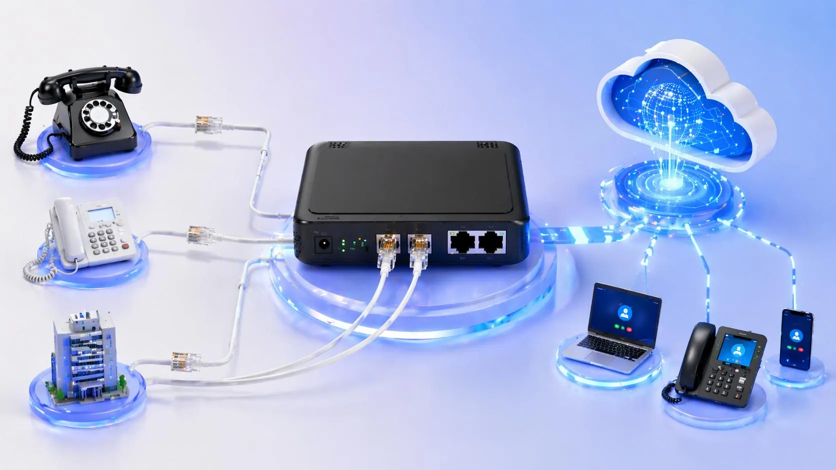 سماعة هاتف متصلة عبر كابل RJ11 في بيئة اتصالات مكتبية