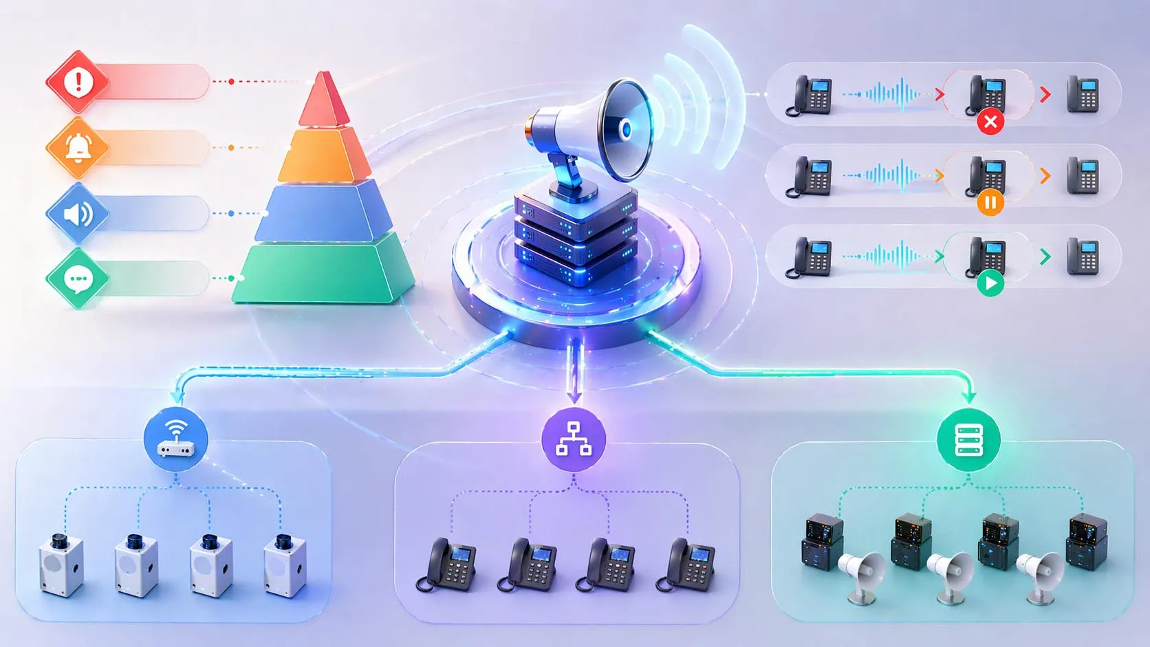 سير عمل البث ذو الأولوية يظهر البثات العادية والمرتفعة والطارئة التي تتم معالجتها من خلال نظام PBX والبث متعدد الإرسال وقواعد مقاطعة النهايات الطرفية