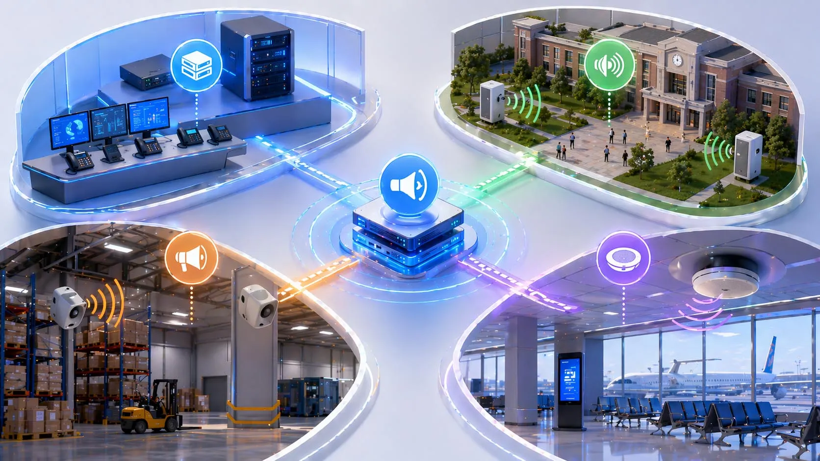 تطبيقات البث ذو الأولوية عبر المستشفيات والمصانع الصناعية والكليات والمكاتب ومناطق البث العلوي باستخدام الهواتف عبر IP ومكبرات الصوت البثية