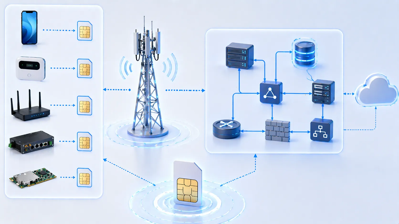 موضع بطاقة SIM في بنية شبكة الهاتف المحمول من الجهاز والوصول اللاسلكي إلى أنظمة مصادقة الشبكة الأساسية