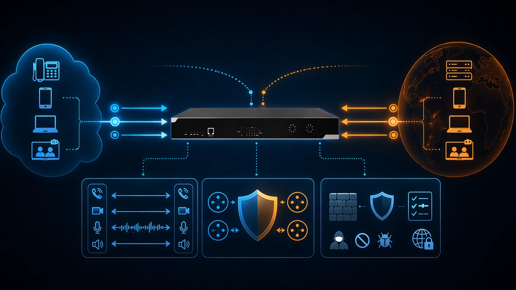 معالجة مراقب حدود الجلسة لإشارات SIP والوسائط بين شبكتين IP مع تطبيق وظائف الأمان والسياسات والتشغيل المتبادل