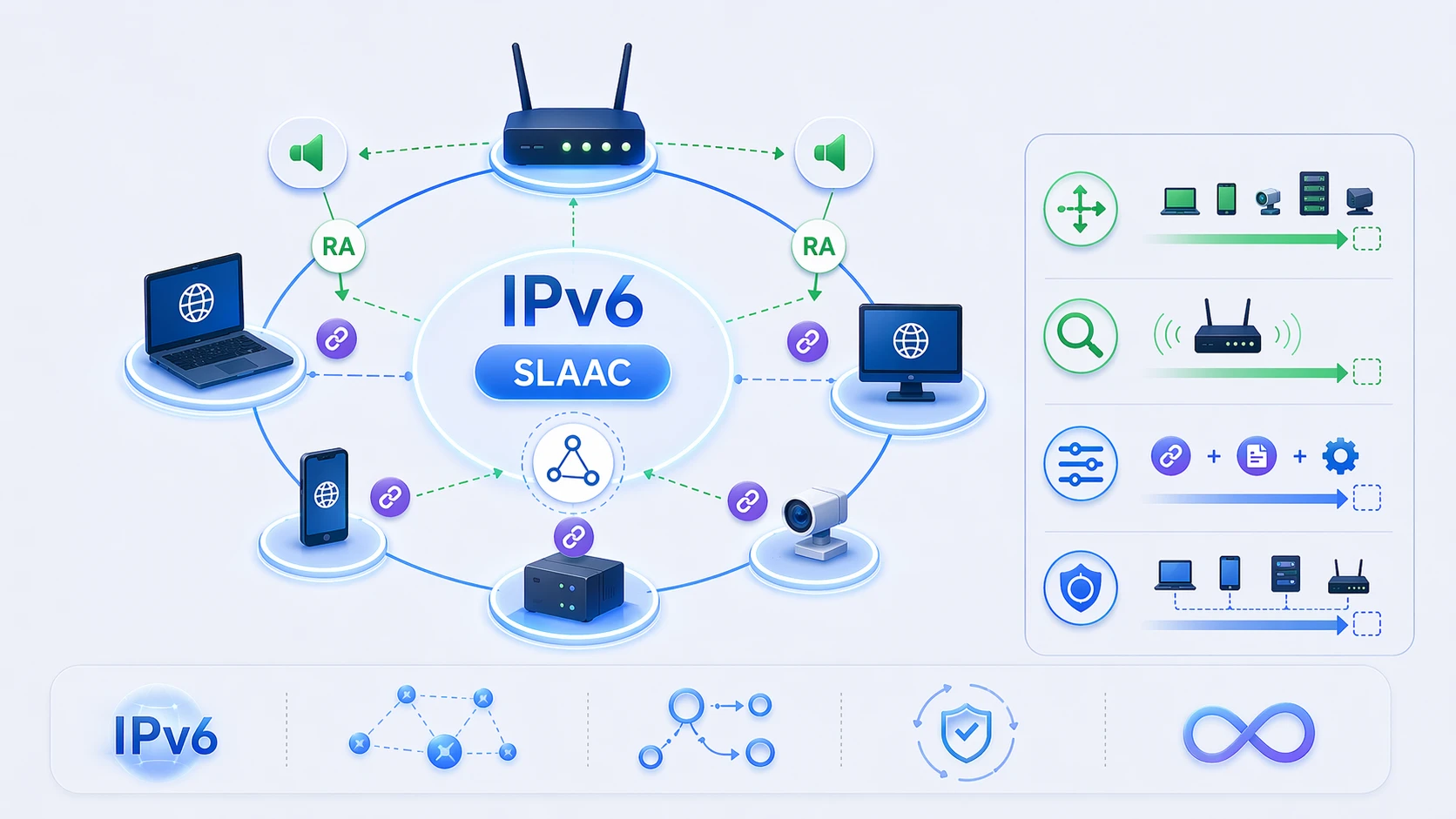 فوائد SLAAC في IPv6 تظهر التكوين التلقائي للمضيف وتقليل الجهد اليدوي وإنشاء عناوين قابلة للتطوير
