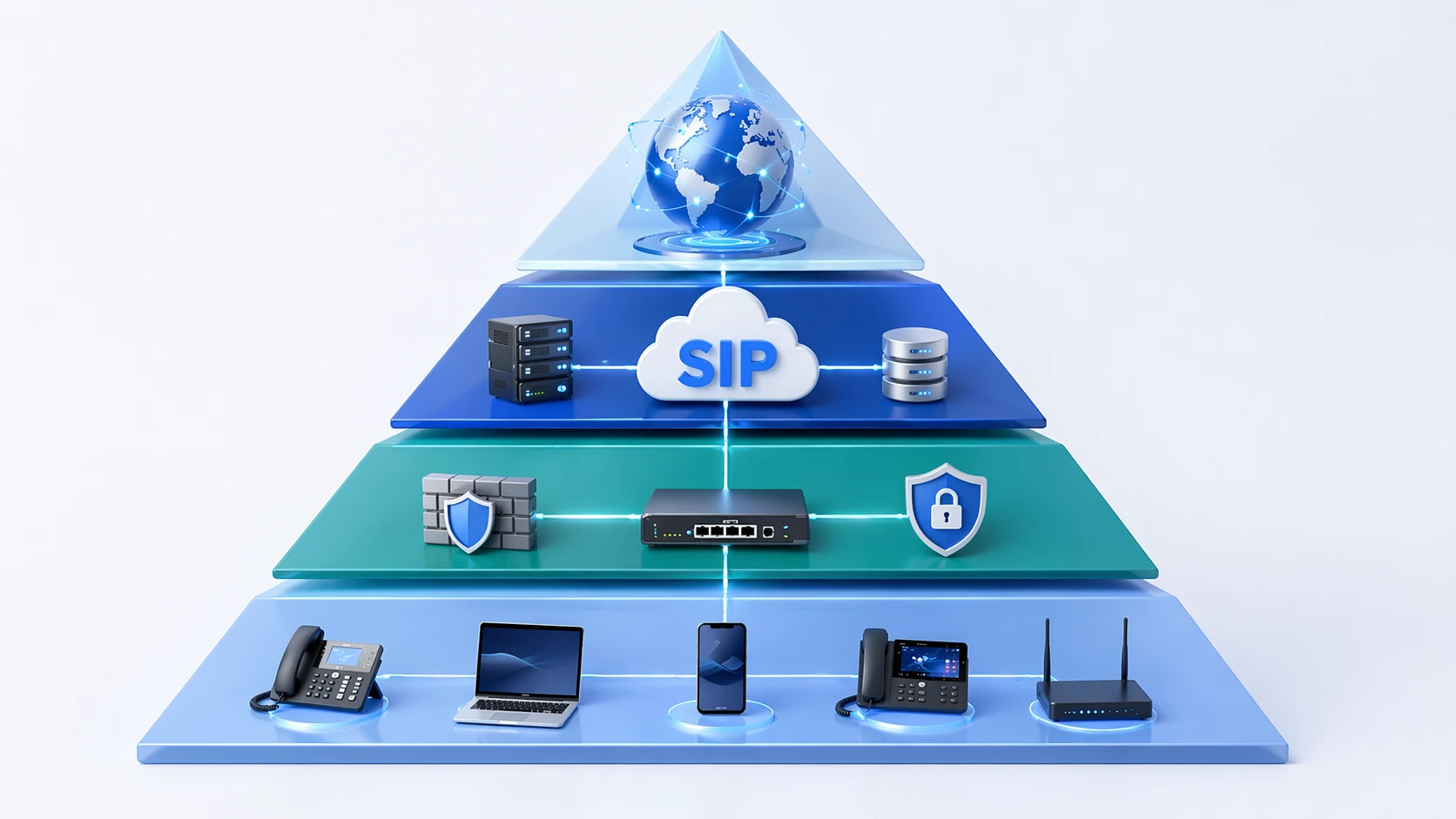 بنية جذع SIP تظهر النهايات الطرفية ونظام PBX عبر IP ووحدة SBC واتصال مزود الخدمة أو شبكة PSTN