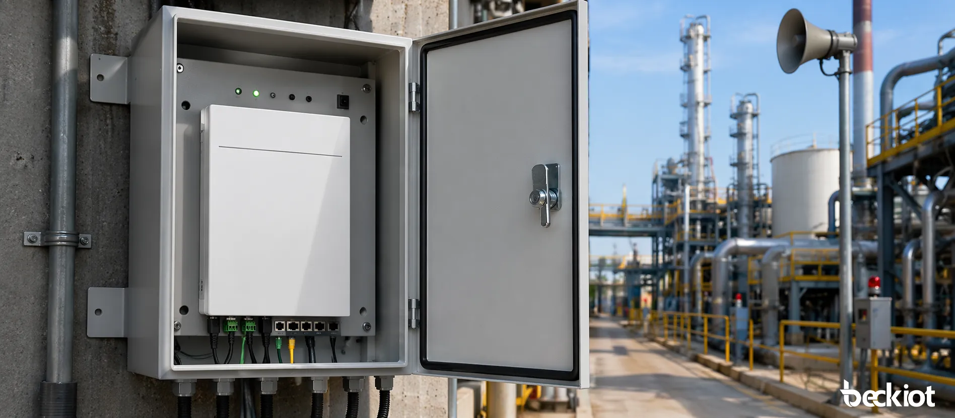 جهاز مكبر صوت إعلانات خارجي مقاوم للعوامل الجوية BK-PA60AF مثبت في خزانة اتصالات صناعية في الهواء الطلق