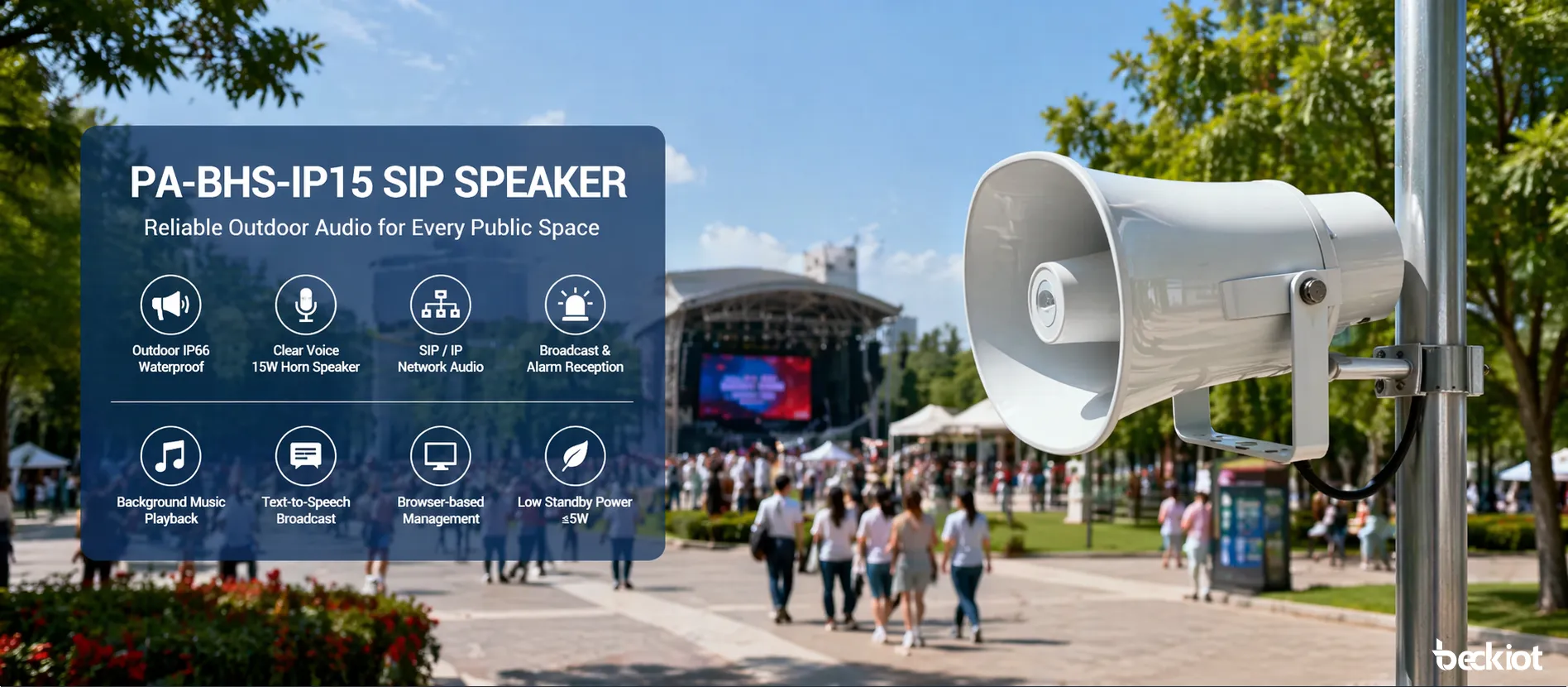 PA-BHS-IP15 SIP speaker used for outdoor announcements, alerts, and background audio in a public venue