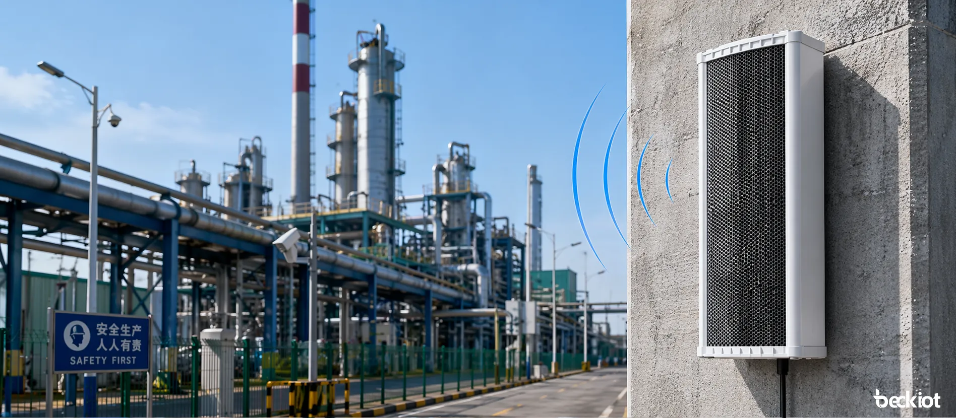 مكبر صوت عمودي SIP SK09 بقوة 90 واط مثبت في بيئة إعلان عام خارجية صناعية