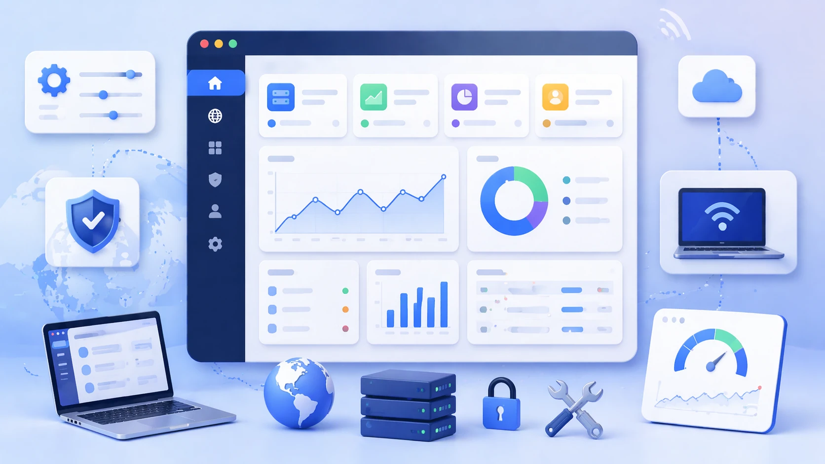 ميزات إدارة الويب بما في ذلك التكوين الرسومي والوصول عن بعد ولوحات مراقبة المعلومات والسجلات وضوابط الإدارة