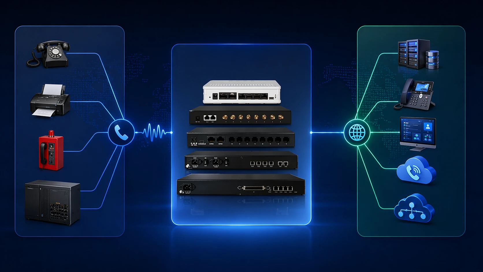 البنية الشبكية لبوابة VoIP تظهر الأطراف التناظرية وخطوط PSTN أو PBX وطبقة معالجة البوابة وخادم SIP وشبكة IP