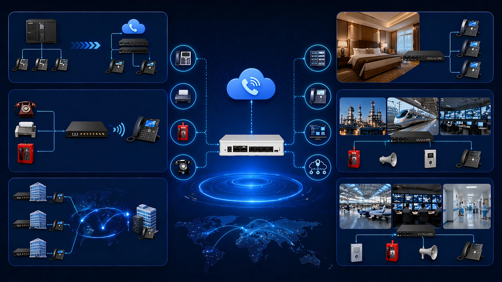 تطبيقات بوابة VoIP في هجرة PBX المؤسساتية والهاتف في المكاتب الفرعية والهواتف التناظرية الطارئة وأنظمة الاتصالات الصناعية
