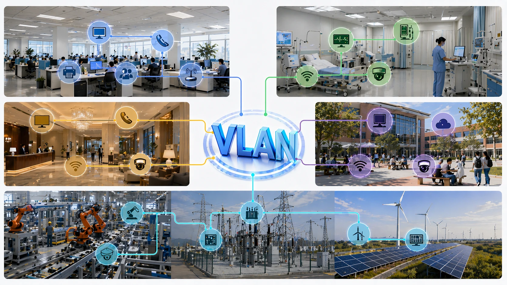 تجزئة VLAN المستخدمة في مكاتب المؤسسات، و Wi-Fi الحرم الجامعي، والمستشفيات، وأنظمة المراقبة، وشبكات التحكم الصناعية