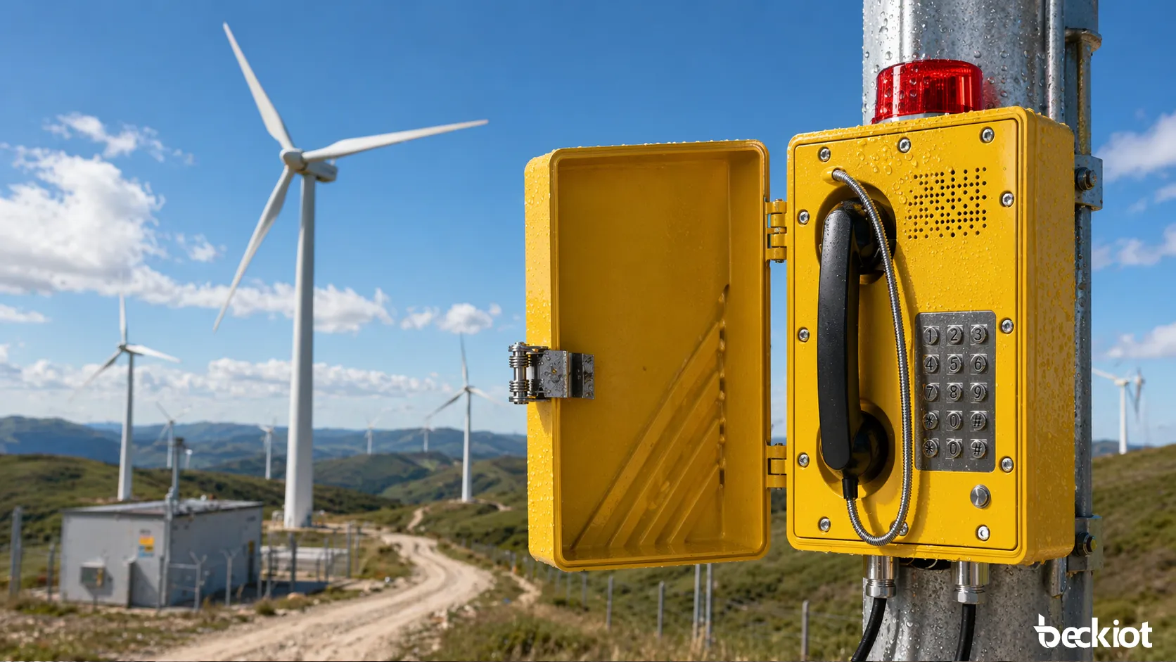 هاتف صناعي من شركة Becke Telcom مستخدم في مزرعة رياح نائية للتنسيق الميداني والاتصالات الطارئة