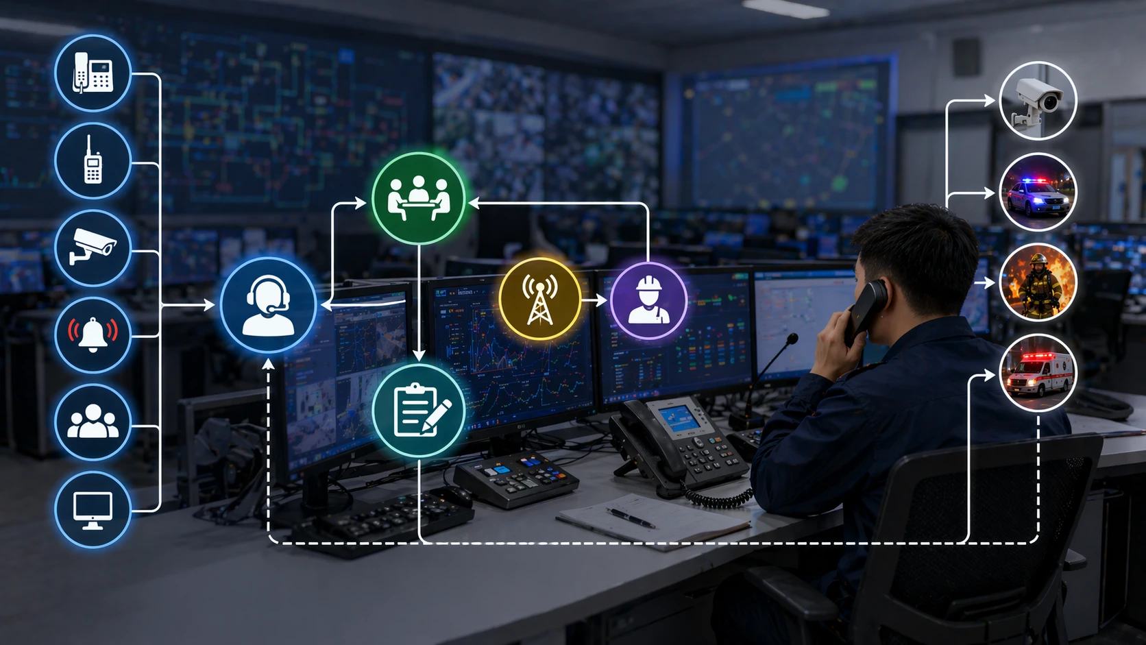 سير عمل غرفة العمليات يظهر استقبال الإنذارات ومعالجة المكالمات ومراجعة الحوادث والتنسيق مع الفرق الميدانية