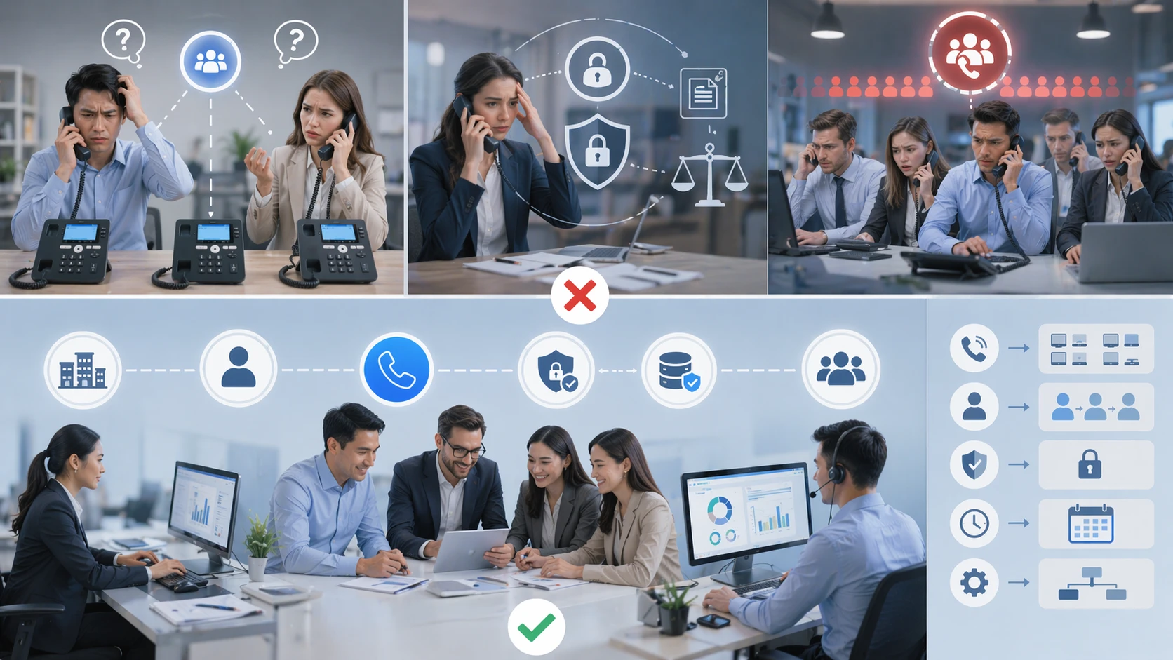 فكرة إعداد Shared Call Appearance توضح مفاتيح الخط والخصوصية وسلوك الانتظار وإدارة المكالمات الجماعية