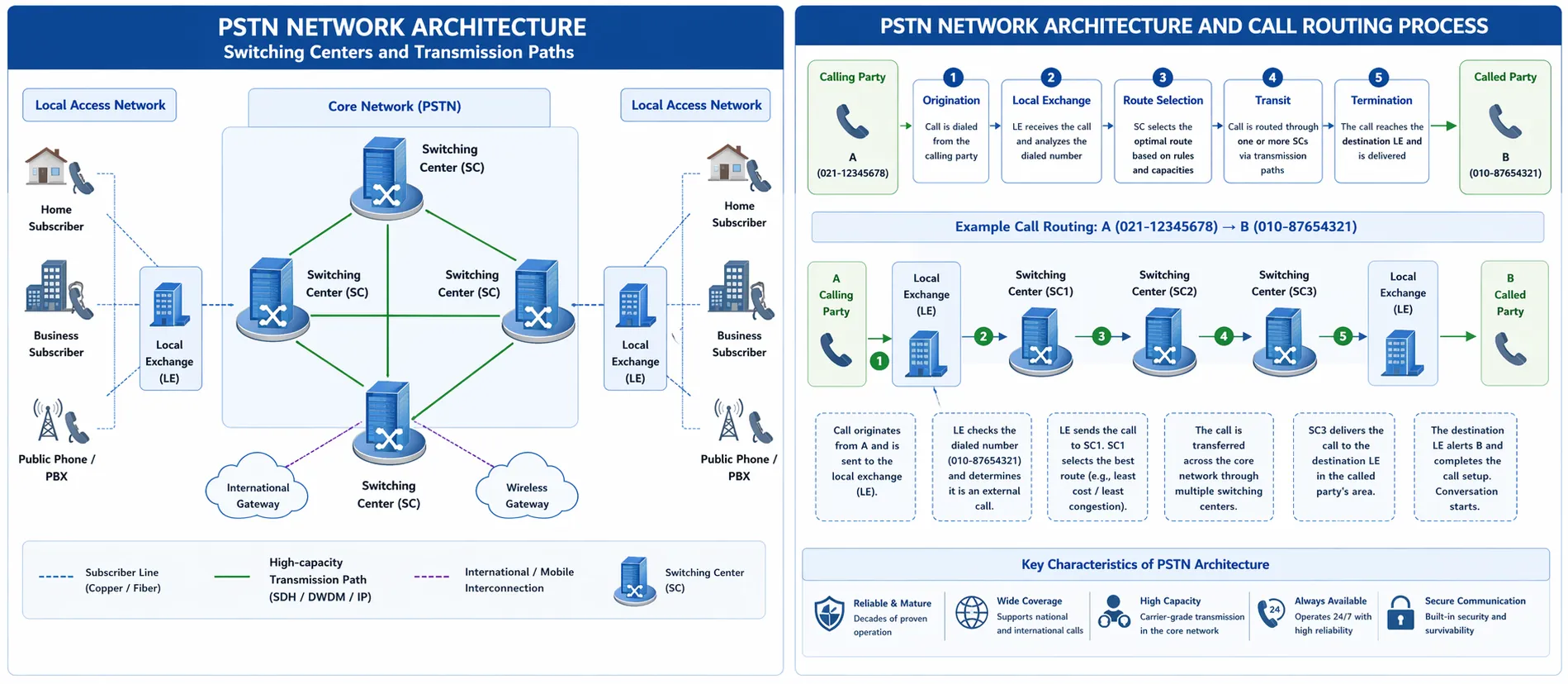 بنية شبكة PSTN تعرض مراكز التبديل ومسارات الإرسال