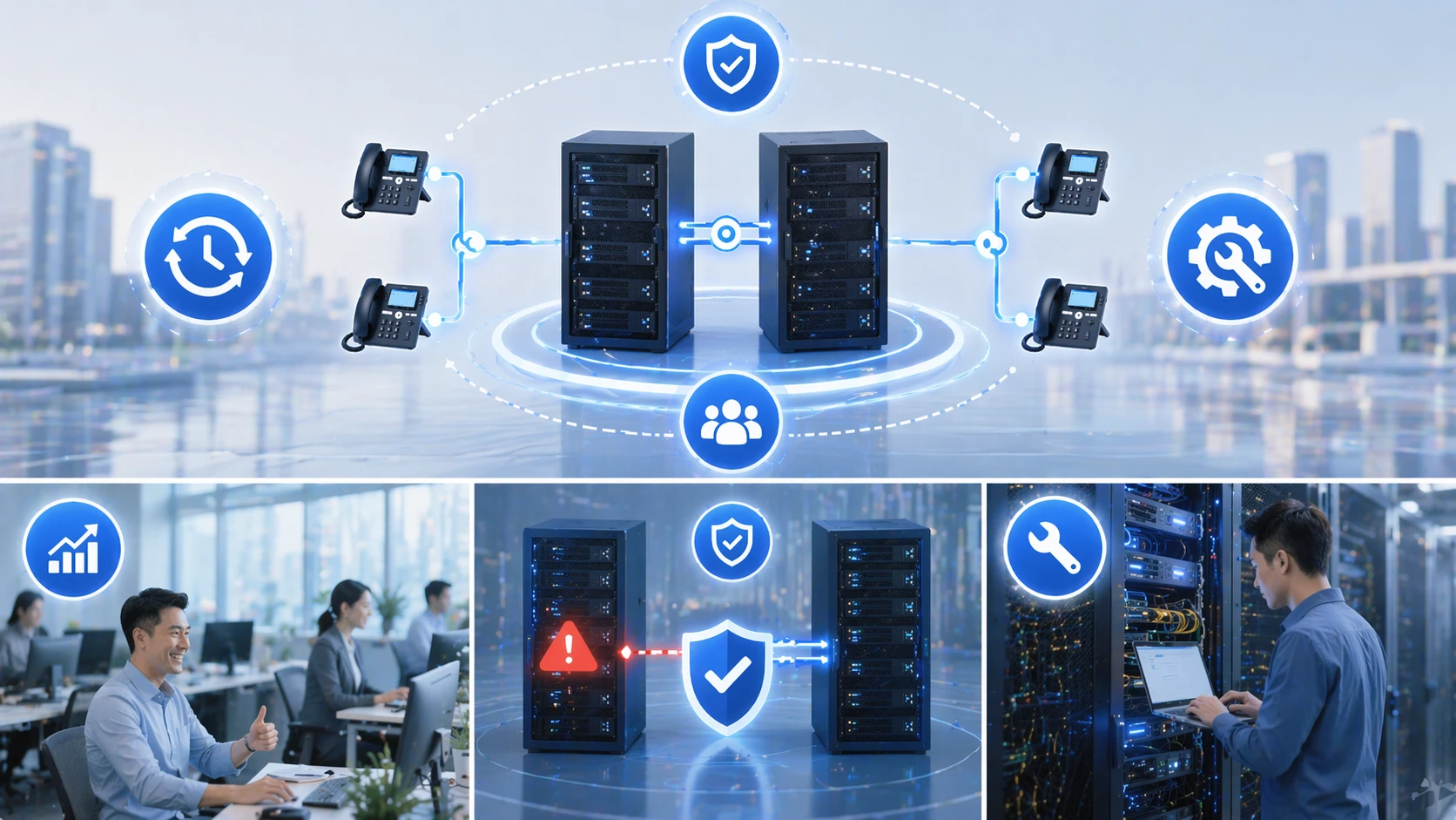 تصميم إتاحة عالية يوضح خوادم ومزودات طاقة ووصلات شبكة مكررة