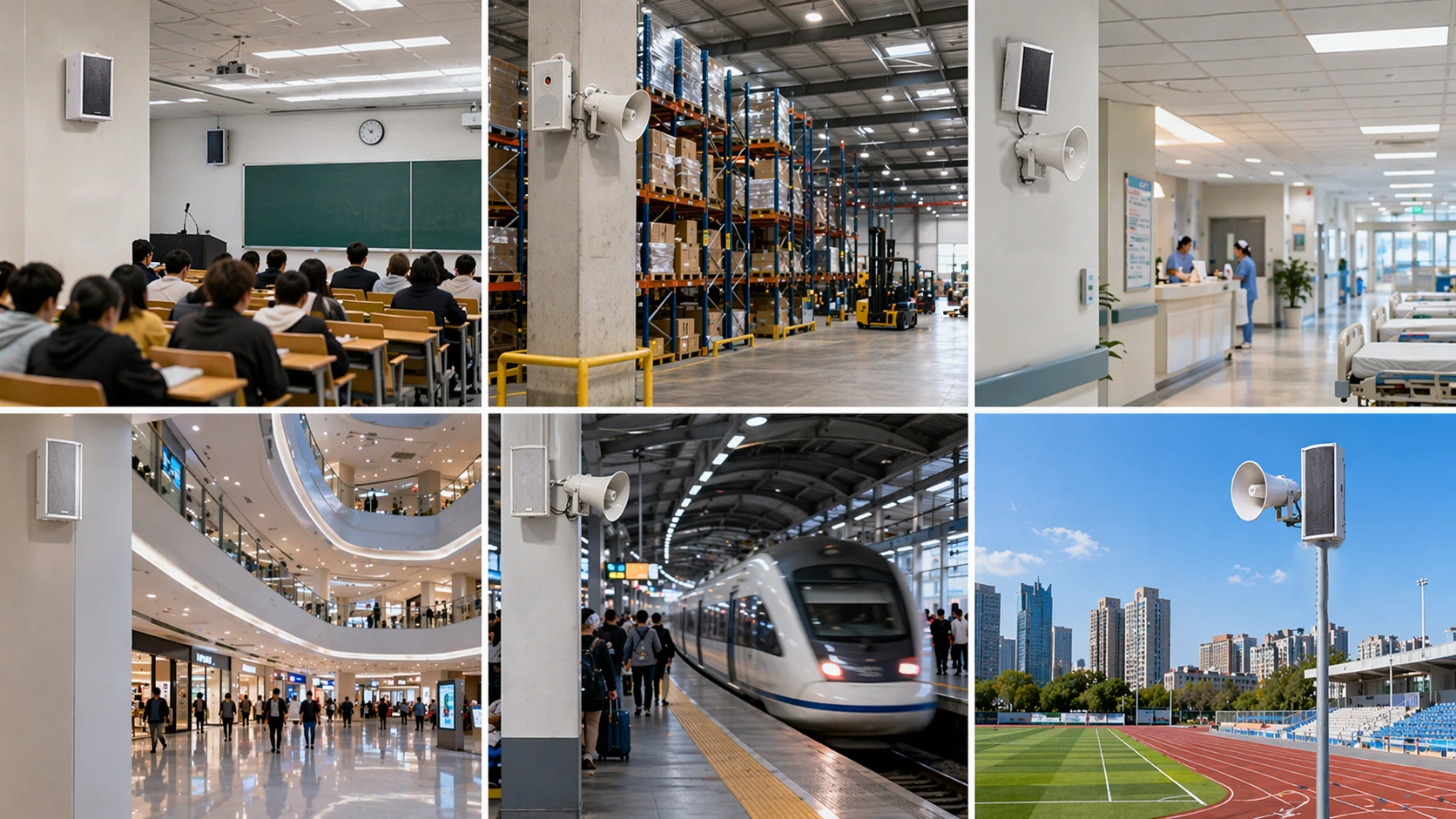 تطبيقات نظام النداء العام في المدارس والمصانع والمستشفيات ومحطات النقل والمرافق الخارجية