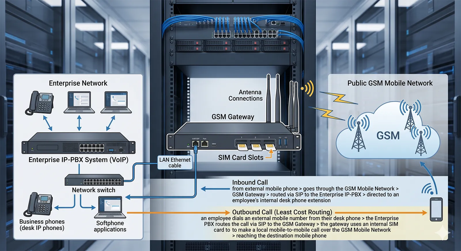 بوابة GSM تربط نظام الهاتف المؤسسي بشبكة GSM المحمولة داخل بيئة اتصالات أعمال