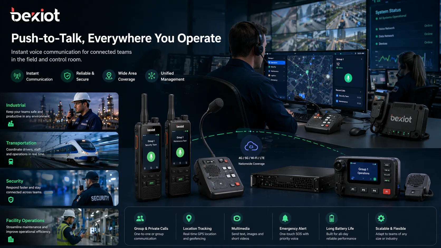 استخدام Push-to-Talk في العمليات الصناعية والنقل والأمن وإدارة المرافق مع ربط الفرق الميدانية بفرق التشغيل