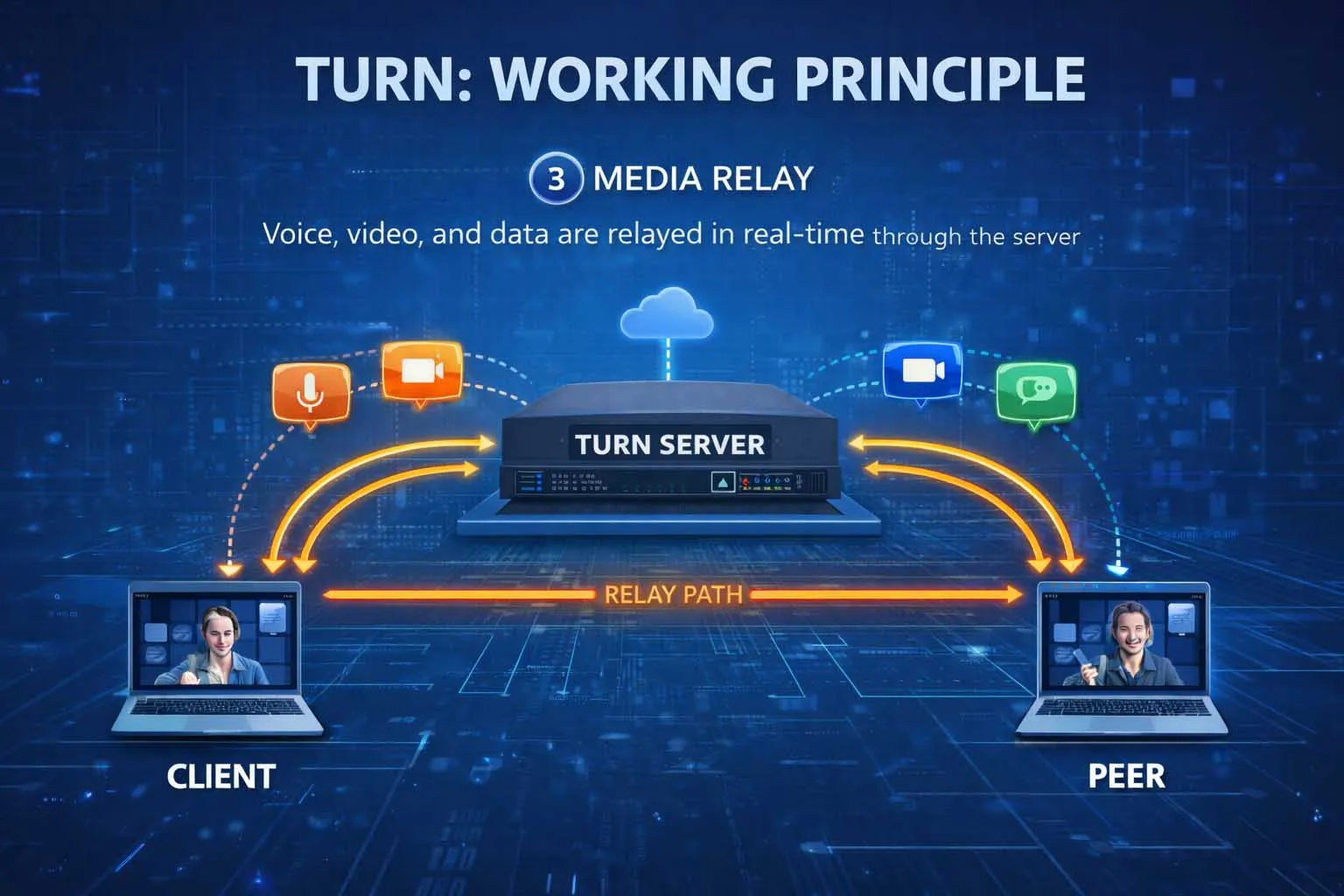 جلسات صوت وفيديو وبيانات زمنية حقيقية يتم ترحيلها عبر خادم TURN في سيناريوهات تطبيق مختلفة