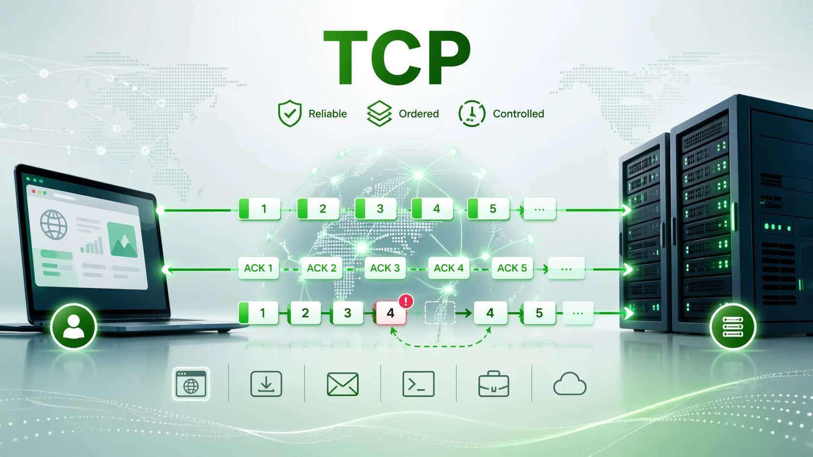 ما هو بروتوكول التحكم في الإرسال (TCP)؟ الاستخدامات، آلية العمل، والتطبيقات