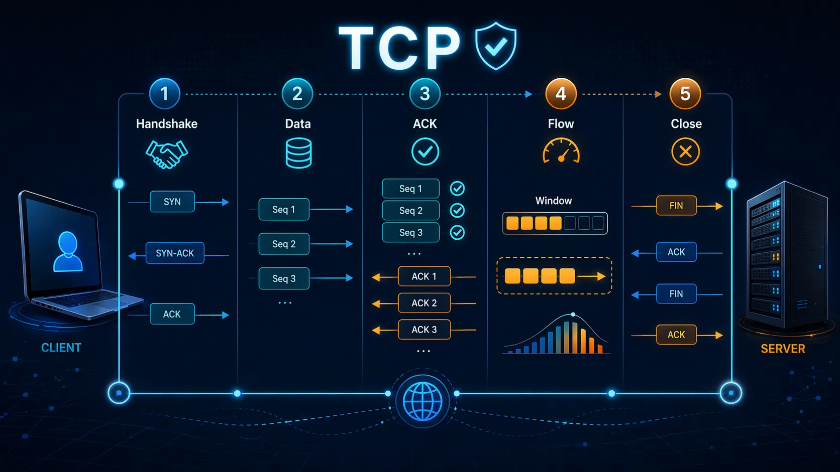رسم توضيحي للمصافحة الثلاثية لـ TCP يليها تسليم الشرائح المرتب وتبادل الإقرارات