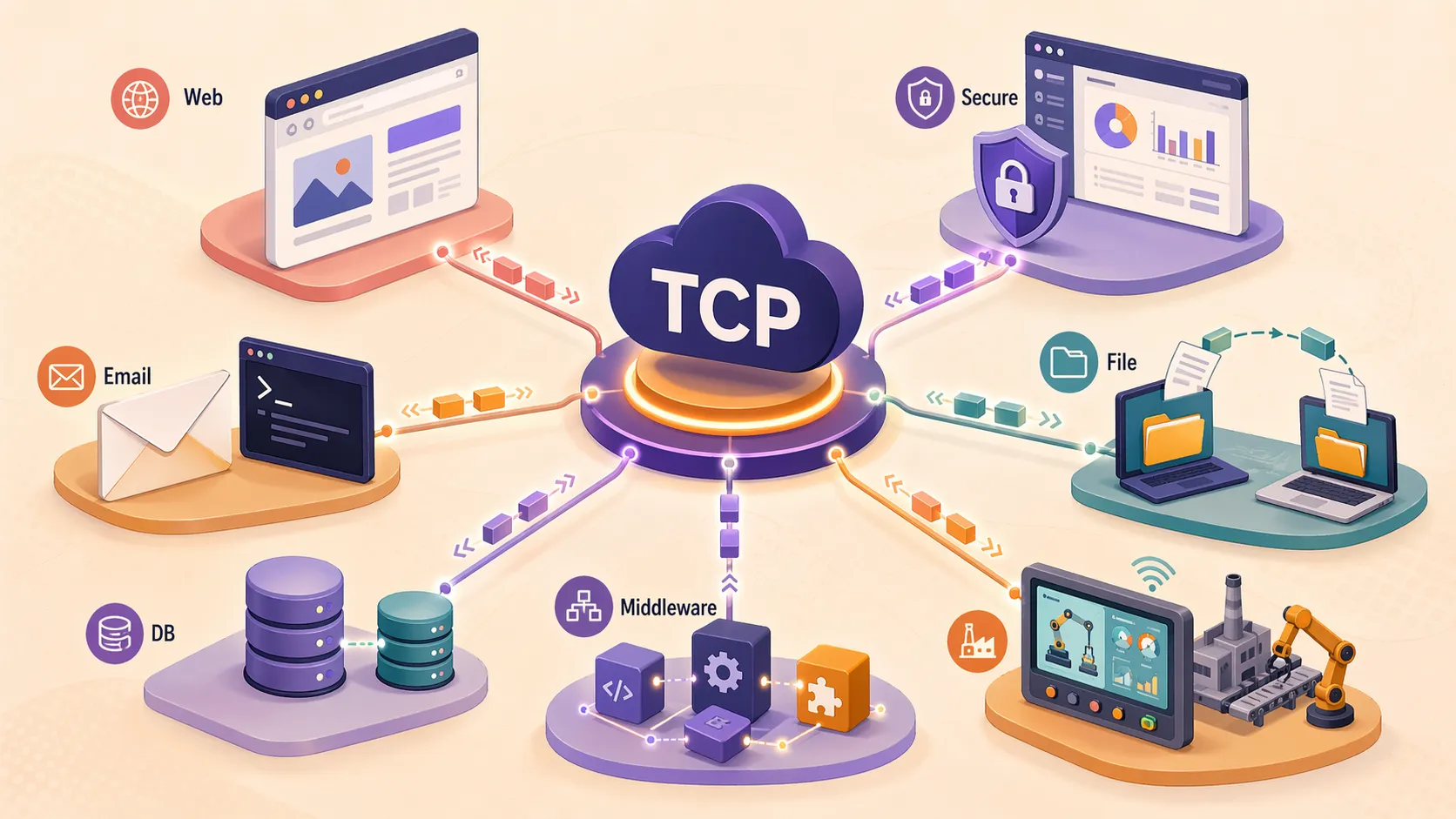 تطبيقات مؤسسية وصناعية تستخدم TCP للوصول إلى الويب، نقل الملفات، قواعد البيانات، واتصالات الخوادم