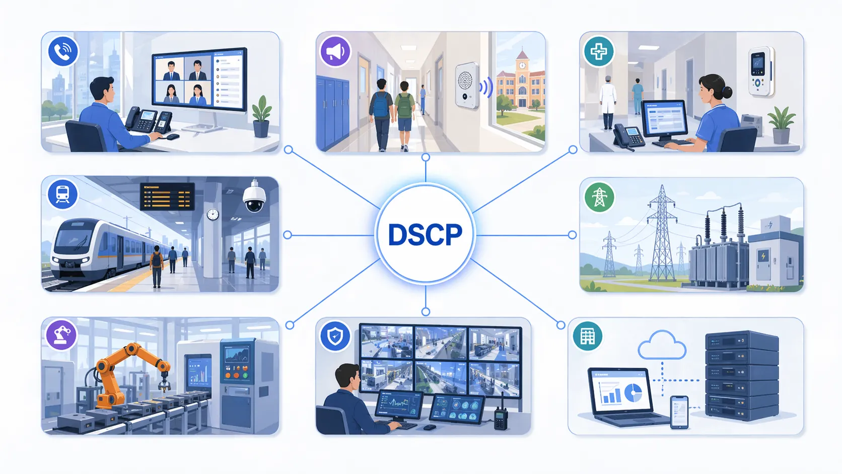 DSCP تدعم جودة الخدمة لحركة مرور الصوت والنداء والمراقبة والشبكات التشغيلية الصناعية