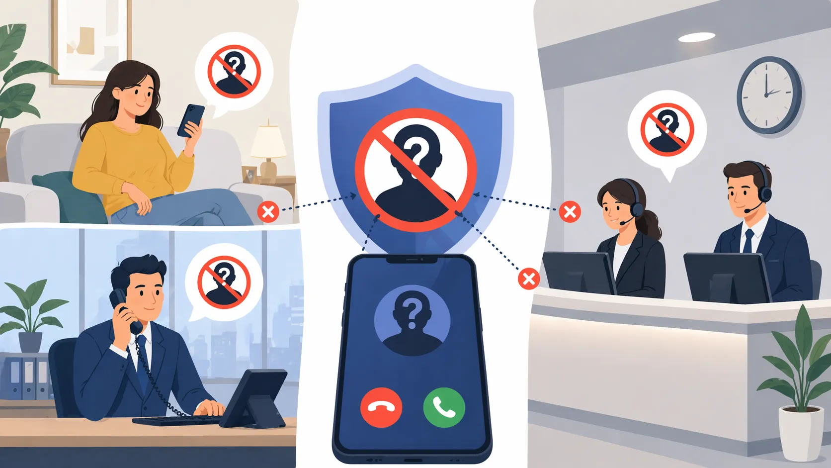 هواتف مكتبية تستخدم خدمة رفض المكالمات المجهولة لمنع المكالمات من الأرقام الخاصة من مقاطعة الموظفين