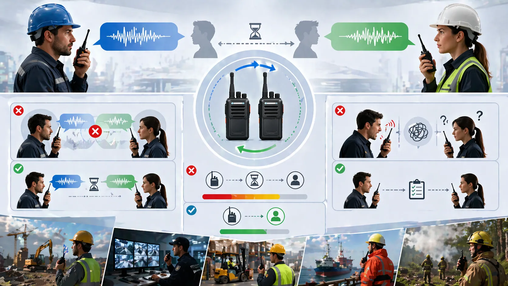 استخدام الاتصال أحادي الاتجاه المزدوج في العمليات الميدانية مع الإرسال من مستخدم واحد في كل مرة عبر قناة مشتركة