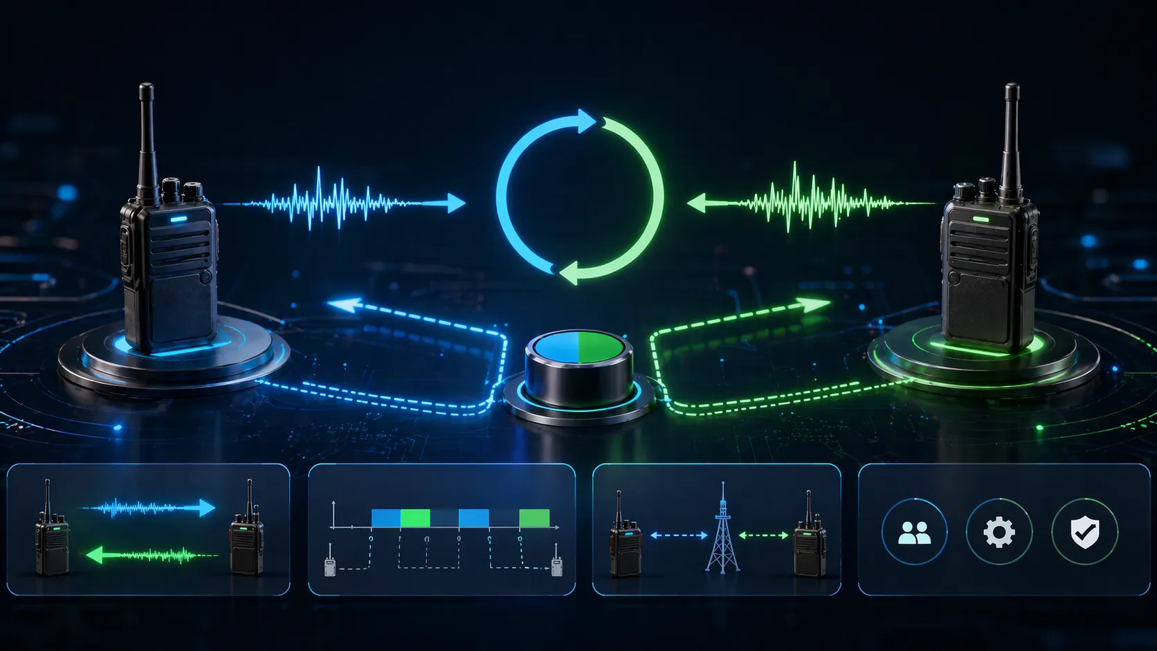 مفهوم تبديل وضع الاتصال الثنائي يظهر تحرك الاتصال بين الكامل الاتجاه وشبه الاتجاه وحالات الإرسال والاستقبال