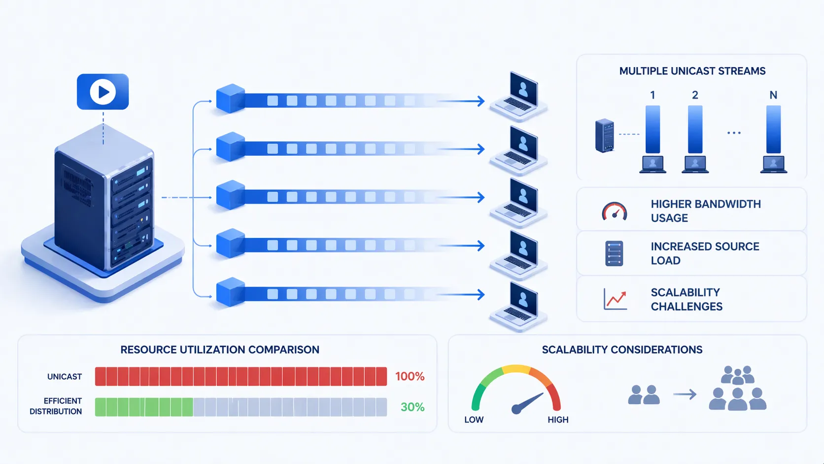 مثال توسع اليونيكاست يظهر مصدرًا واحدًا يرسل تدفقات منفصلة متعددة إلى العديد من المستقبلين
