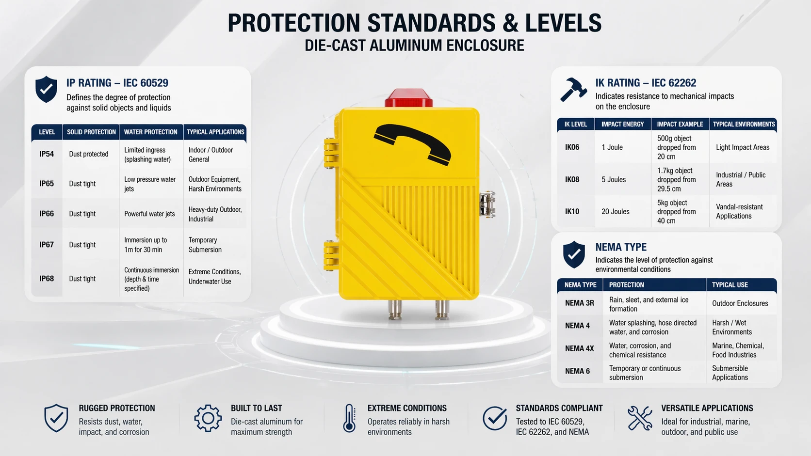 صندوق ألومنيوم مصبوب مع التركيز على حماية IP، مقاومة الصدمات IK، واعتبارات نوع NEMA
