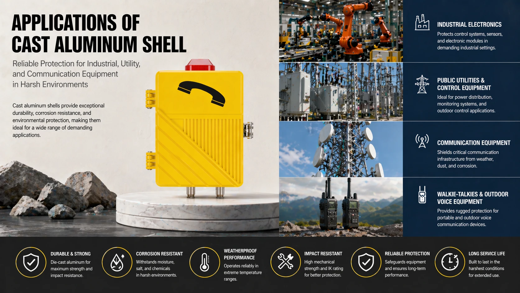 علب ألومنيوم مصبوب تستخدم في الإلكترونيات الصناعية، الاتصالات الداخلية الخارجية، ومعدات الاتصالات للبيئات القاسية