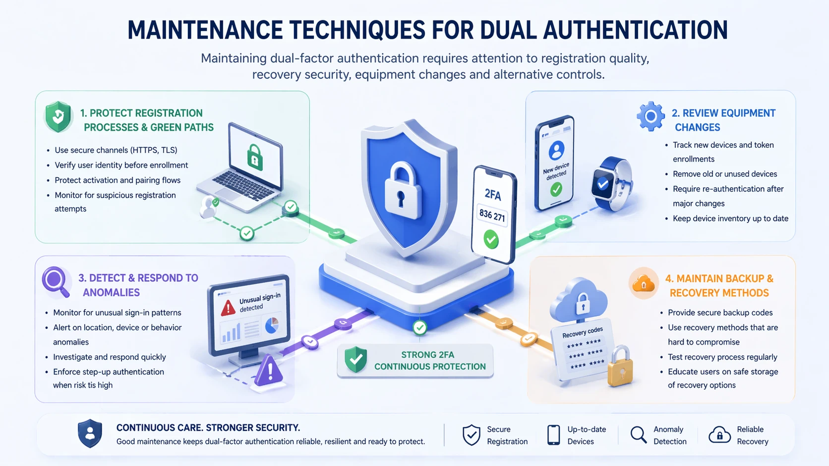 عملية صيانة المصادقة الثنائية تشمل التسجيل، الاسترداد، الأجهزة الموثوقة، ومراجعة السياسات