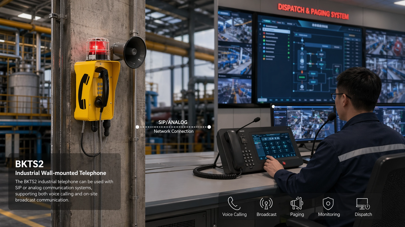 هاتف BKTS2 الصناعي المثبت على الحائط بنظام SIP أو تناظري متصل بأنظمة الإرسال والتصفح