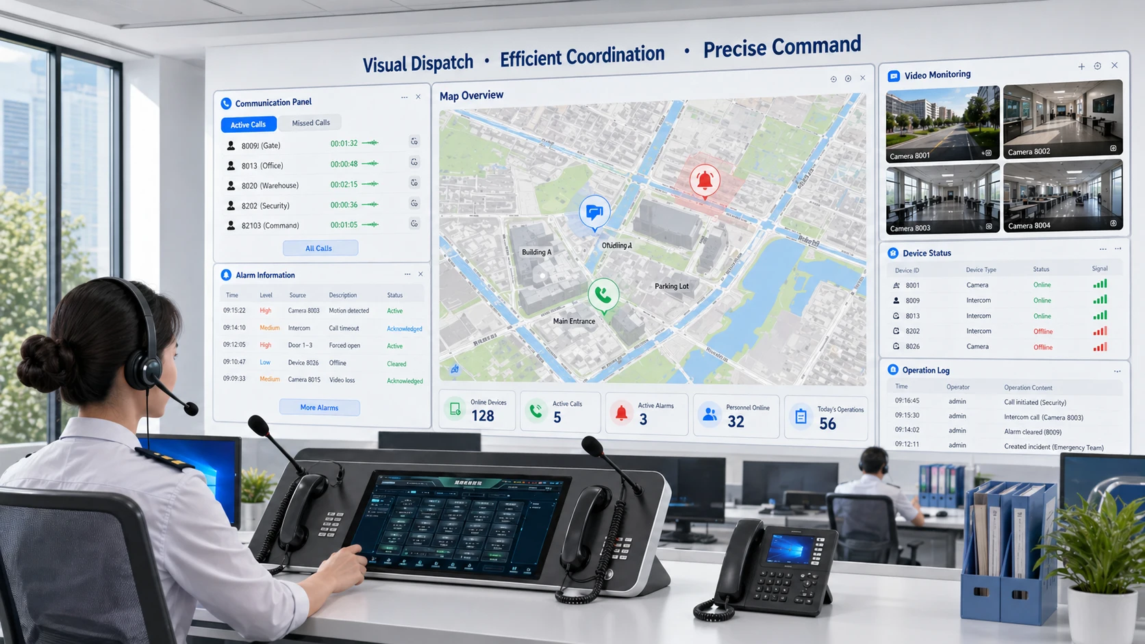 نظام توجيه مرئي يعرض التحكم عبر الخرائط والفيديو المباشر ولوحات اتصال SIP ونوافذ الإنذار