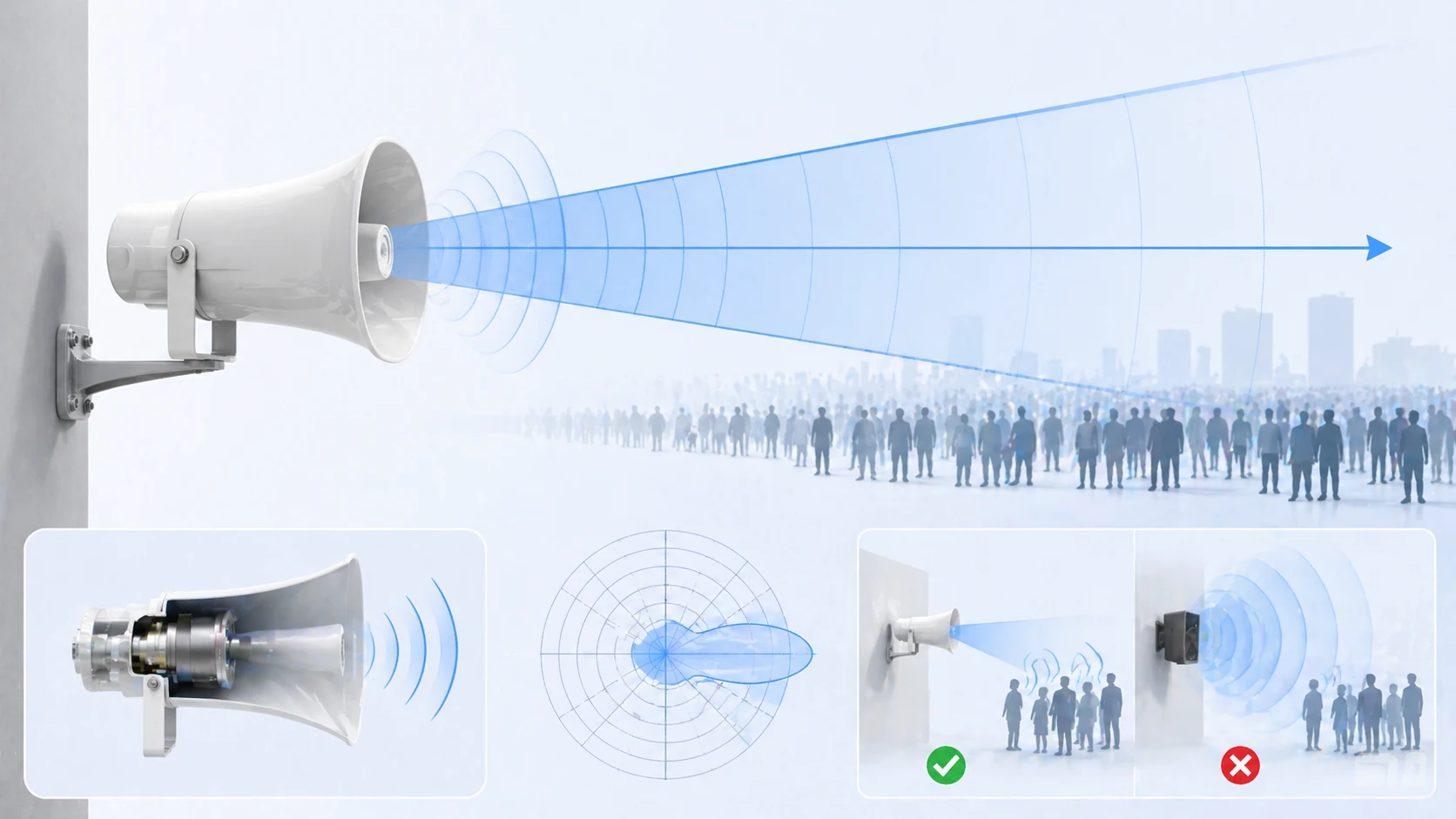 سماعة قرنية تُظهر إيصال الصوت الاتجاهي وتغطية الصوت عالية الكفاءة في موقع خارجي